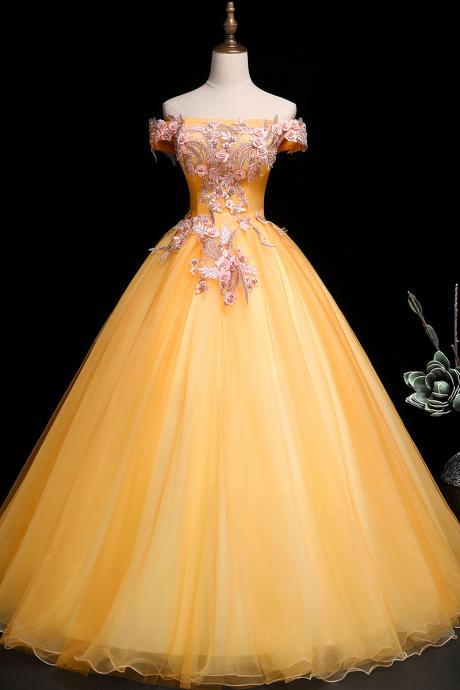 Beautiful Light Yellow Tulle Ball Gown Off Shoulder Sweet 16 Dress, Yellow Prom Dress M862
