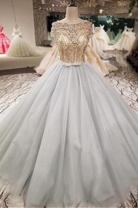 Bateau Neckline Ball Gown Wedding Dress With Beading,tulle Quinceanera Dress,long Prom Dress, Formal Dress M863