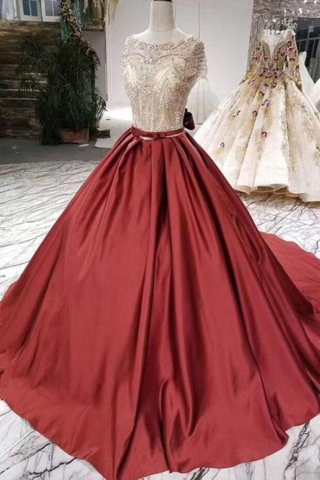 Ball Gown Satin Prom Dress With Beading, Long Formal Dresses With Short Sleeves M864