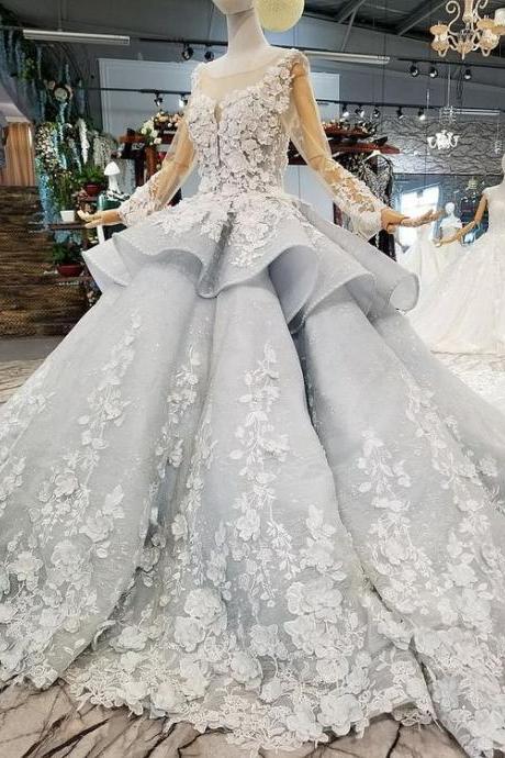 Grey Lace Slim Simple Luxurious And Long-tailed Wedding Dress M865