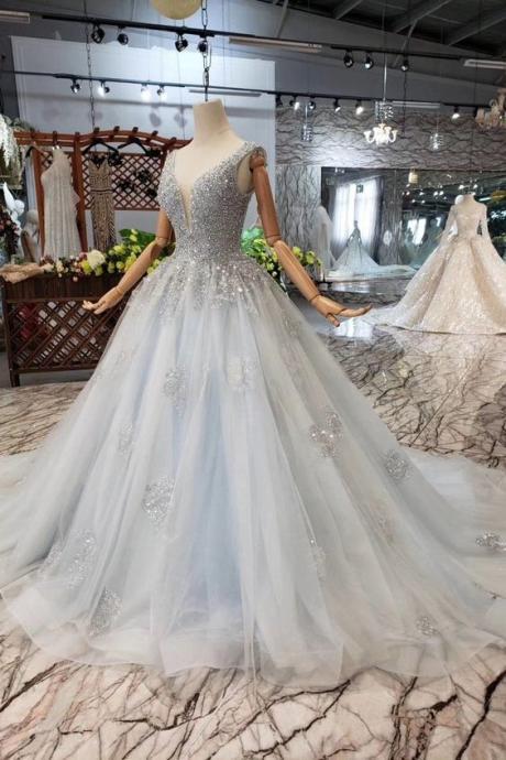 Ball Gown Deep V Neck Sleeveless Tulle Wedding Dress With Beading, Prom Dresses M867