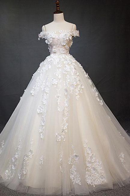 White Tulle Lace Applique Long Prom Dress, White Lace Wedding Dress M886