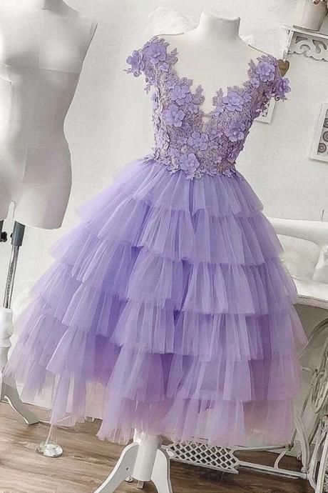 A-line Applique Lilac Tulle Short Homecoming Dress With Layered M891