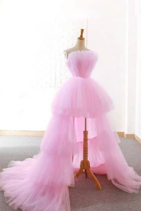 High Low Pink Prom Dresses With Ruched Evening Dresses M892