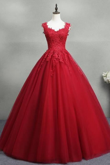 Gorgeous Red Ball Gown Sweet 16 Gown, Red Tulle With Lace Applique Party Dresses M897