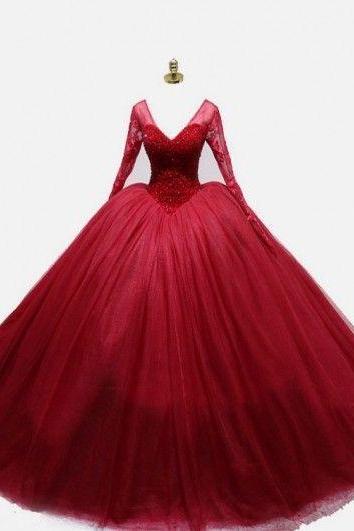 Red Beading Long Sleeve Ball Gown Prom Dress M901