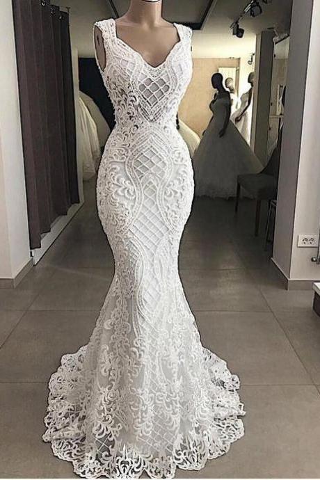 Luxury Beaded Pearls Lace White Mermaid Wedding Dresses M908