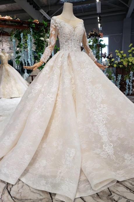 Princess Long Sleeves Ball Gown Lace Wedding Dresses, Long Bridal Dress M916