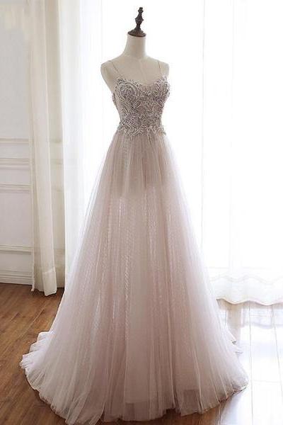 Beautiful Light Pink Tulle Sweetheart Beaded Party Gown, Long Prom Dress M917