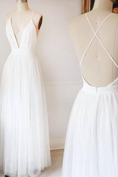 Simple White V Neck Tulle Long Prom Dress, White Evening Dress M921