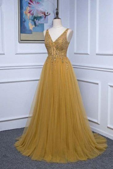 Glamorous Tulle Straps V-neck Ruffle Prom Dresses With Beadings M924