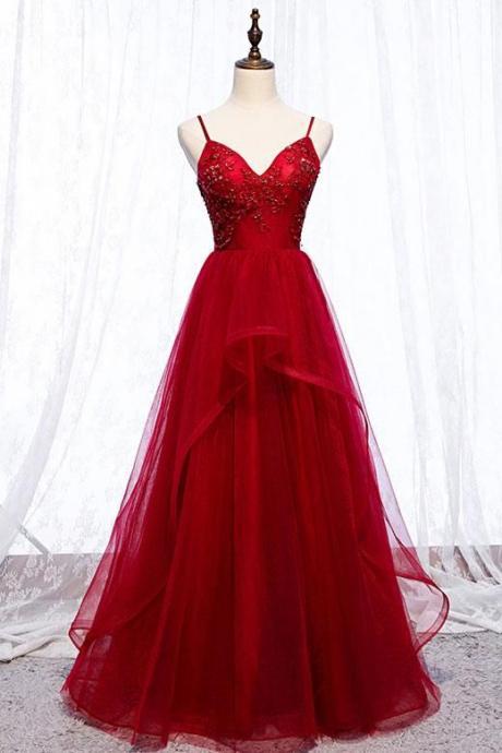 Pretty Dark Red Straps Long Prom Dresses, Beaded V-neckline Formal Dress M926