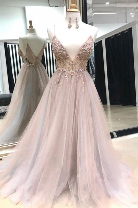 Unique Long V Neck Tulle Spaghetti Beaded Evening Dress, Prom Dress M927