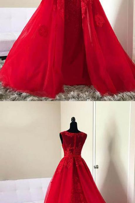 Red Tulle O Neck Long Lace A-line Halter Senior Prom Dress, Red Evening Dress M928