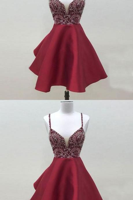 Cute Burgundy V Neck Short Prom Dress, Burgundy Homecoming Dress M929