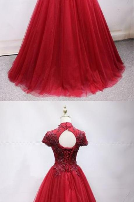 Red Tulle Beaded Short Sleeve O Neck Long Beaded Senior Prom Dress, Formal Dress M931