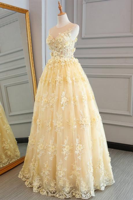 Gorgeous Yellow Lace Applique Long Prom Dress, A-line Evening Dress Party Dress M936