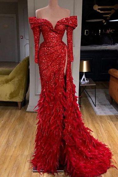 Red Evening Dress, Feather Evening Dresses, Sparkly Evening Dresses M938