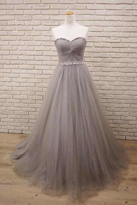 Gray Sweetheart Neck Tulle Long Prom Dress, Gray Evening Dress M941