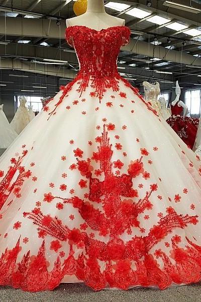 Luxury Off The Shoulder Red Flowers Red Carpet Gown With Train M942