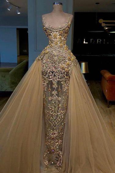 Gold Prom Dresses, Detachable Prom Dress, Sequins Prom Dress, Sheath Evening Dresses, Fashion Evening Gowns M951