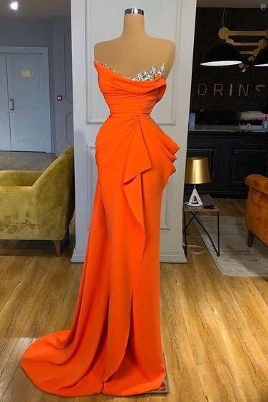 Sheath Evening Gowns Orange Party Dress Slit Sequins Formal Dress M952