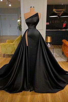 Black Split Side Mermaid Satin Evening Party Prom Dress Pageant Celebrity Gown M955