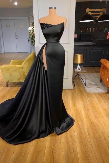Black Split Side Mermaid Satin Evening Party Prom Dress Pageant Celebrity Gown M956