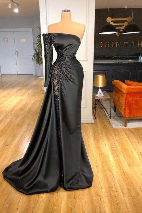 Black Split Side Mermaid Satin Evening Party Prom Dress Pageant Celebrity Gown M957