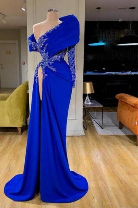 Royal Blue Mermaid Evening Dresses Stain One Shoulder Lace Beaded Applique High Side Split M958