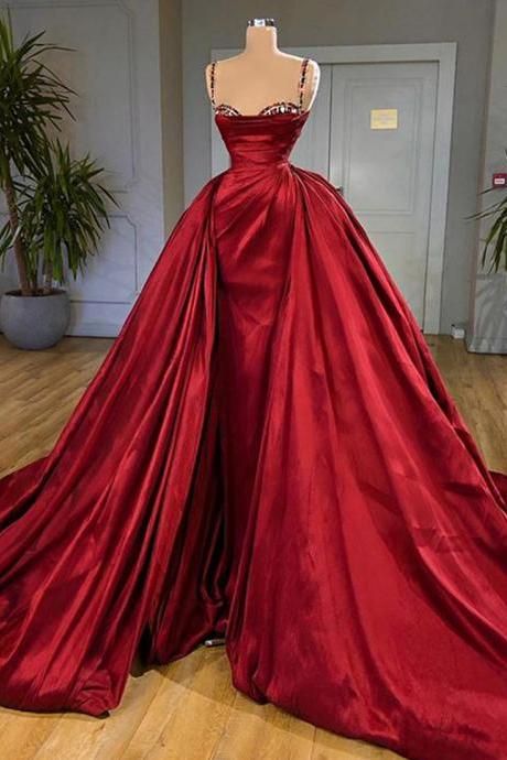 Sexy Spaghetti Strap Red Prom Dress Long Satin Formal Women Evening Dresses With Long Detachable Train M960