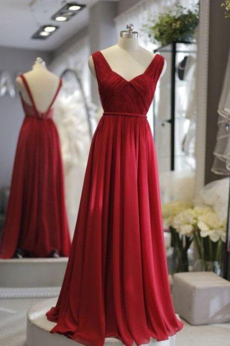 Red Chiffon Open Back Simple Long Dresses,evening Dresses M961