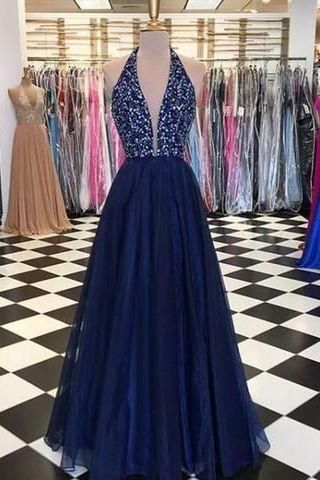 Sparkly Blue Tulle Halter Plunge V-neck Prom Dress Freshman Dress M968
