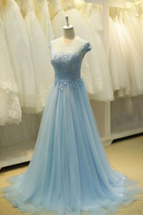 Prom Dresses, A Line Blue Evening Dress, Beaded Prom Dress, Wedding Guest Dress, Bridesmaid Dress M969