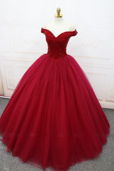 Sparkling Quinceanera Dresses Ball Gown Dark Red Evening Dress Lace-up Back Pleats Tulle Sweep Train Formal Wear Prom Gowns M971