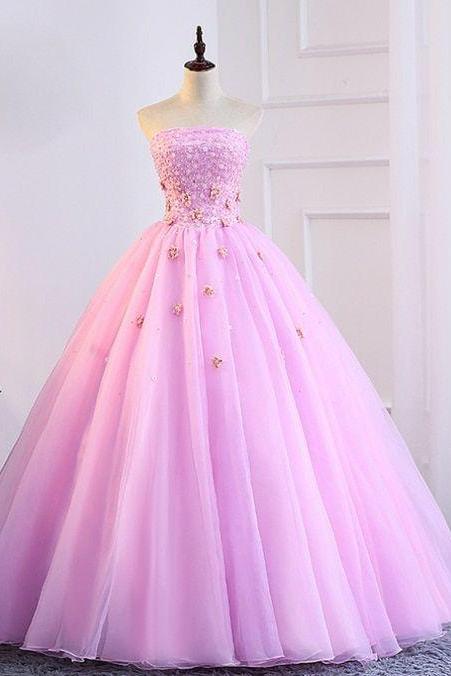 Pink Tulle Strapless Appliques Sweet 16 Quinceanera Dresses With Pearls M975