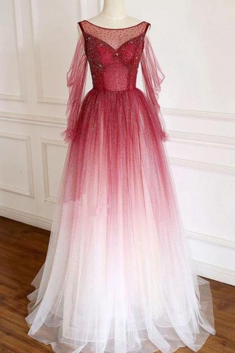 Burgundy Tulle Sequin Long Prom Dress Burgundy Tulle Formal Dress M976