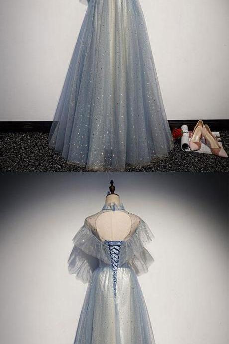Light Blue Tulle Lace Long Prom Dress, Tulle Evening Dress M978