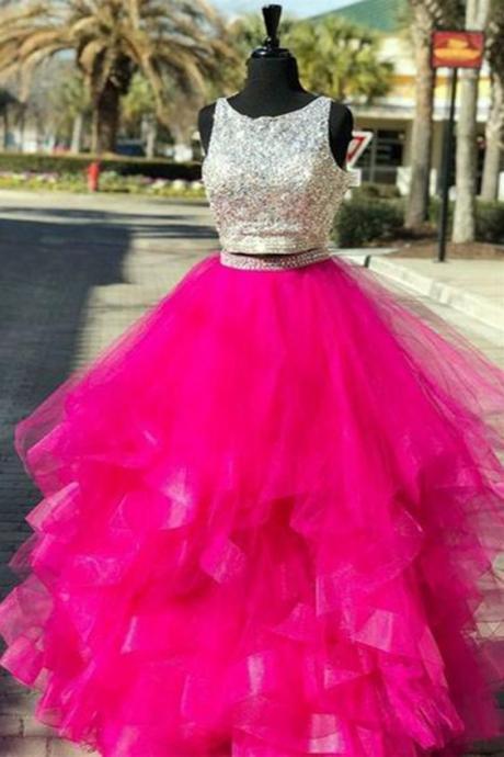 Pink Tulle Two Pieces Sequined Long Homecoming Dress, Prom Dress M983