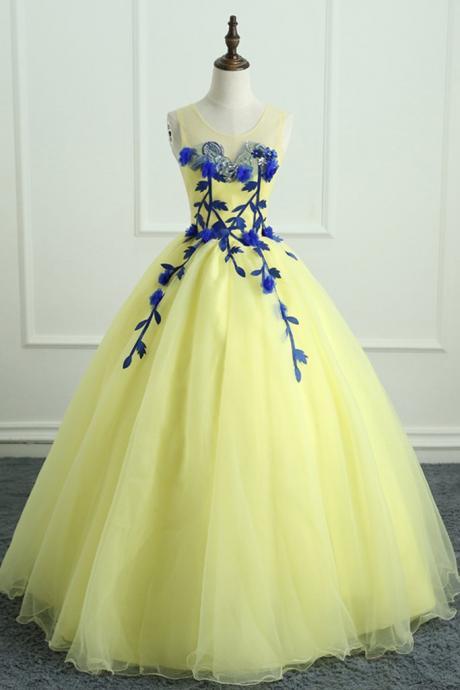 Yellow Tulle Scoop Neck Long Flower Applique Evening Dress, Sweet 16 Prom Dress M988