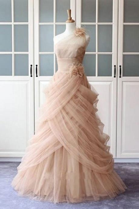 A-line One Shoulder Pink Tulle Ruffles Long Prom Dress Sexy Evening Dresses M995
