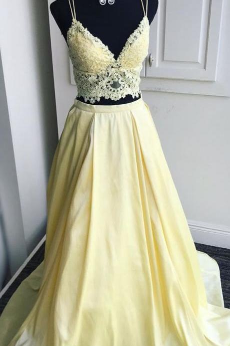 Two Piece Yellow Prom Dress With Lace Top M1002