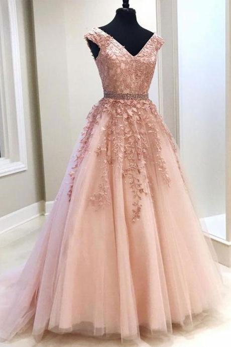 Elegant Pink Tulle V Neck Cap Sleeve Long Beaded Belt Senior Prom Dress With Lace Applique M1007
