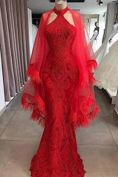 Red Evening Dresses Long Dubai Caftan Fashion Feather Mermaid Modest Evening Gown Formal Dresses M1009