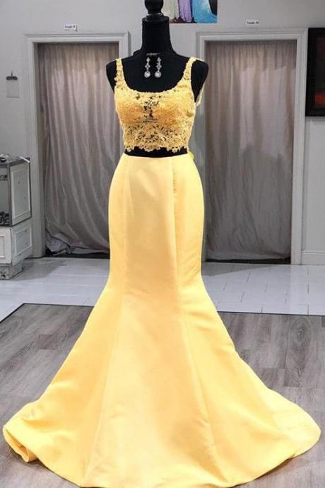 Elegant Mermaid Two Piece Yellow Long Prom Dress With Crop Top M1010