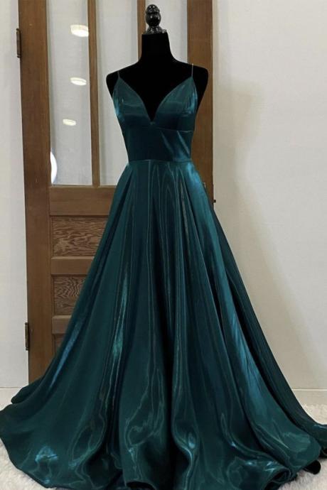 Green Satin Long Prom Dress Simple Evening Dress M1013