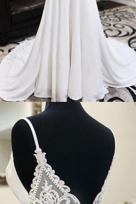 White V Neck Chiffon Long Prom Dress, White Lace Evening Dress M1015