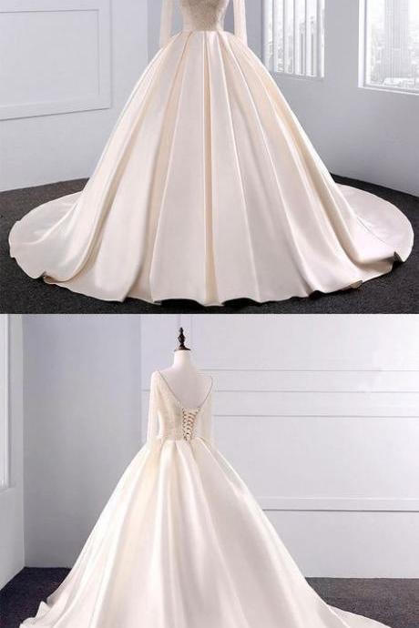 Fashion Simple Beige Wedding Dresses Full Sleeve Modest Lace Satin Bridal Gowns For Wedding M1030