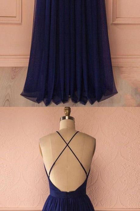 Sexy Navy V Neck Backless Prom Dress, Simple Long Evening Dress For Woman M1031