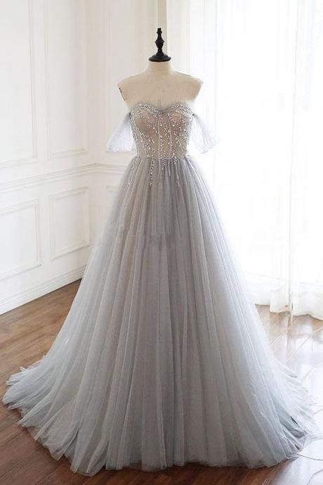 Gorgeous Off Shoulder A-line Beaded Grey Long Prom Dress M1033